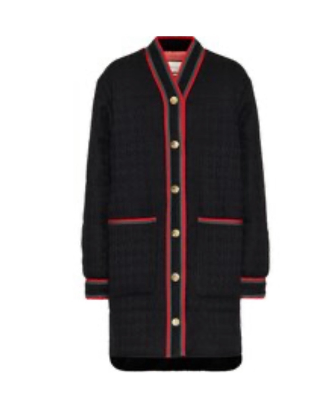Gucci Black Tweed Coat with Red Trim and Gold Buttons